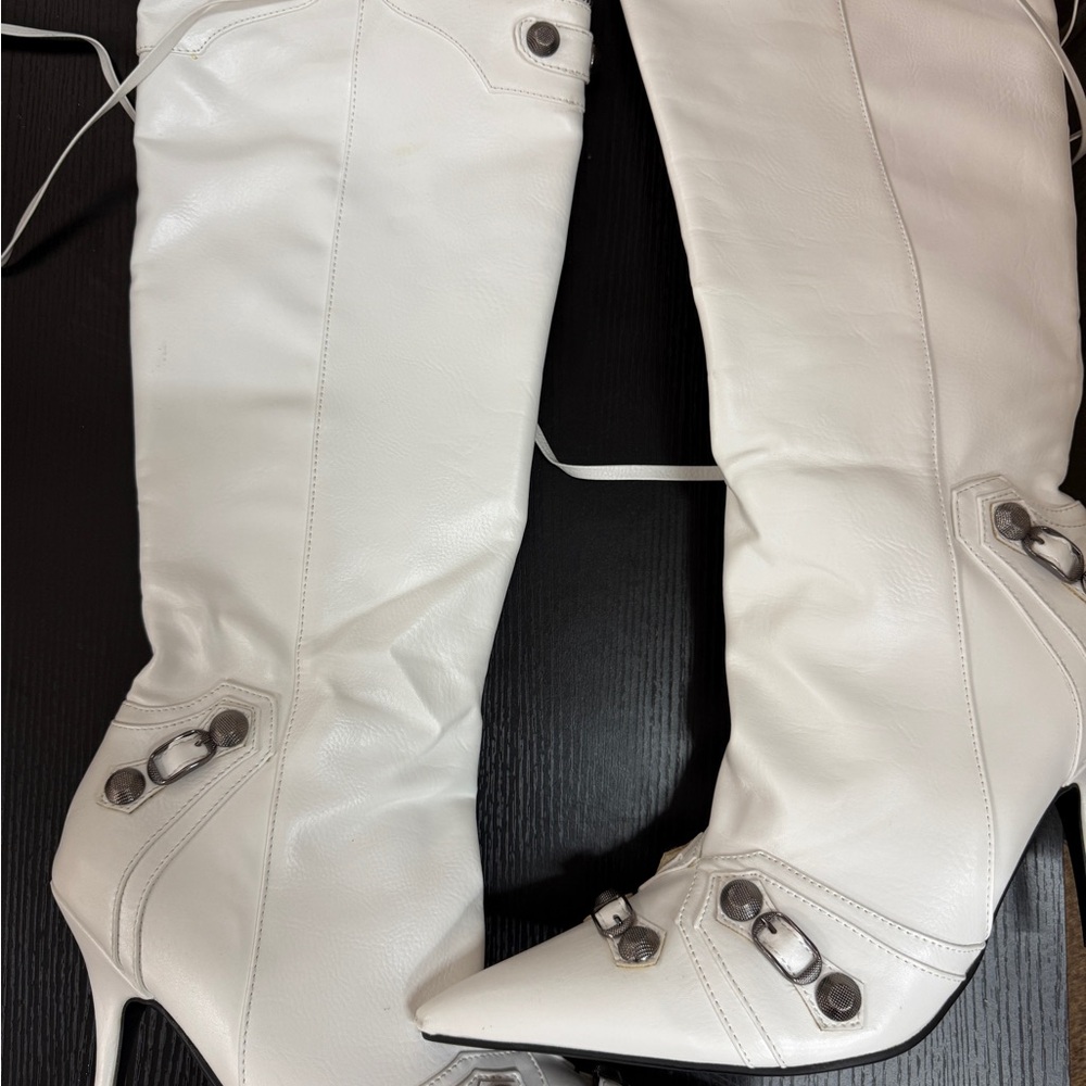 White Over-the-Knee Pointed Toe Boots with Decorative Hardware